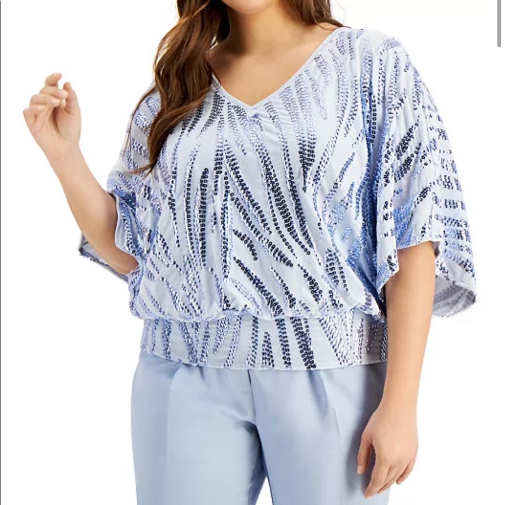 Alfani V-Neck Velvet light blue Sequin Dolman-Sleeve Top‎